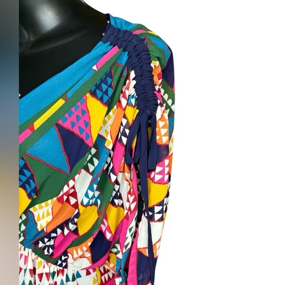 Maeve Anthropologie Semi Sheer Geometric Dress sz 4 V-Neck Cinch Shoulders Blue - Picture 7 of 11